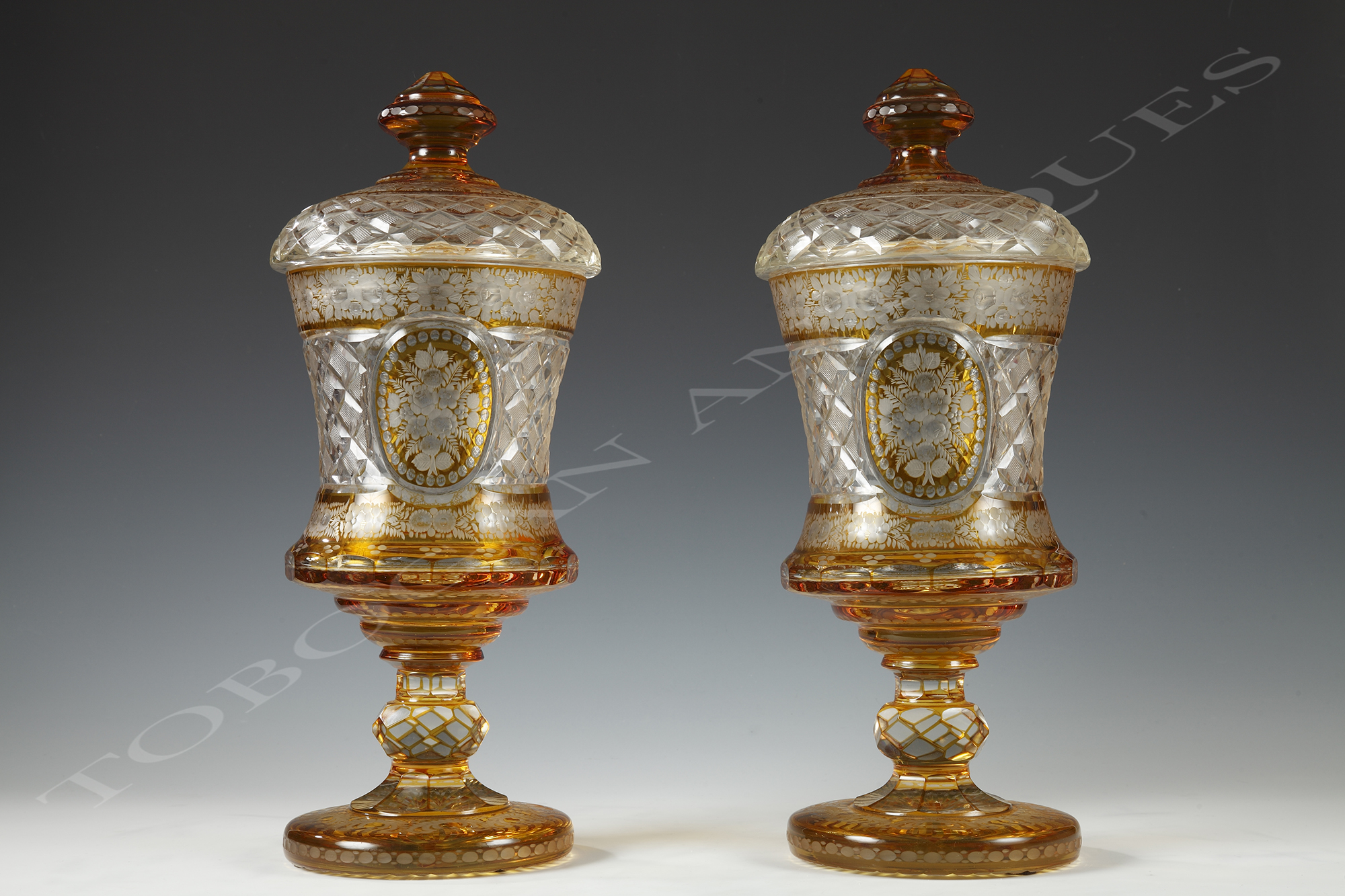 Bohemian crystal glassware <br/> Pair of sweetmeat vases