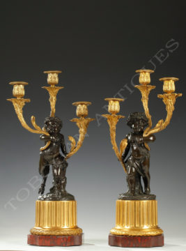 Candélabres en bronze patiné et doré - Tobogan Antiques - Antiquaire Paris