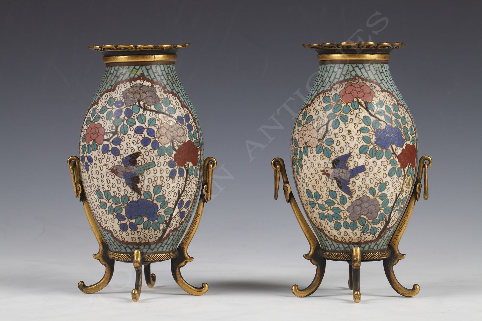 F. Barbedienne <br/> Pair of small cloisonné enamel vases