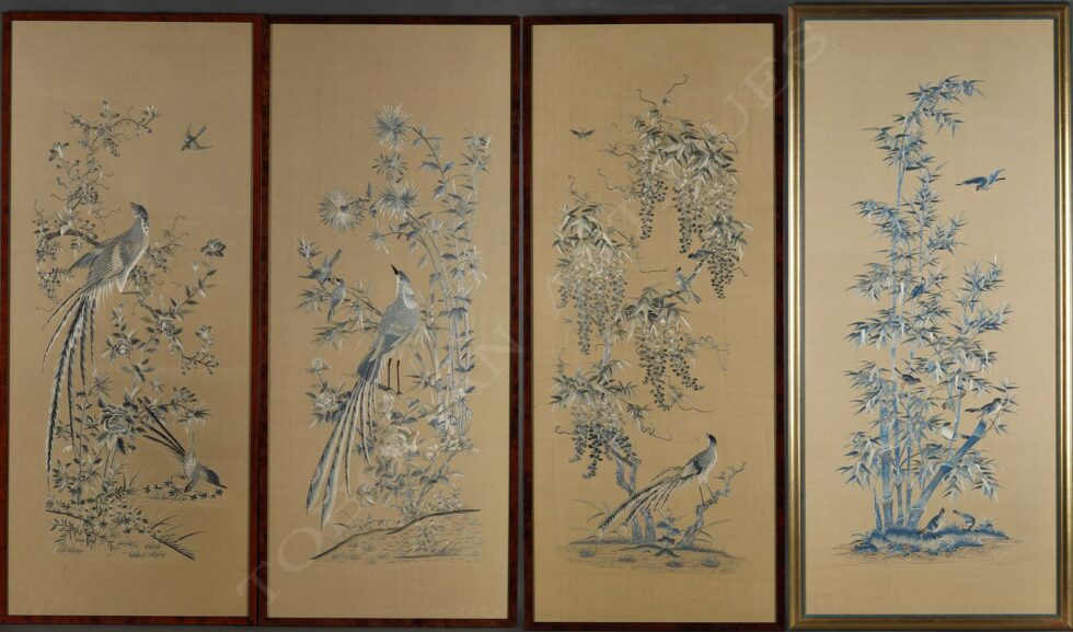 Set of four Silk <br/> “Birds among flowery branches”