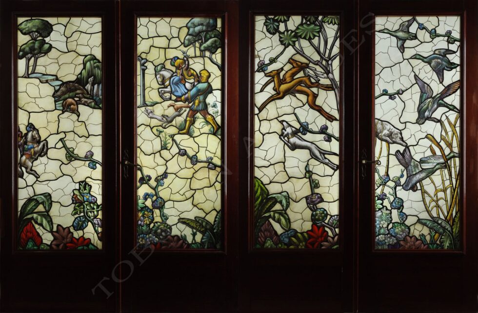 Set of four stained glass windows <br/> Hunting with hounds