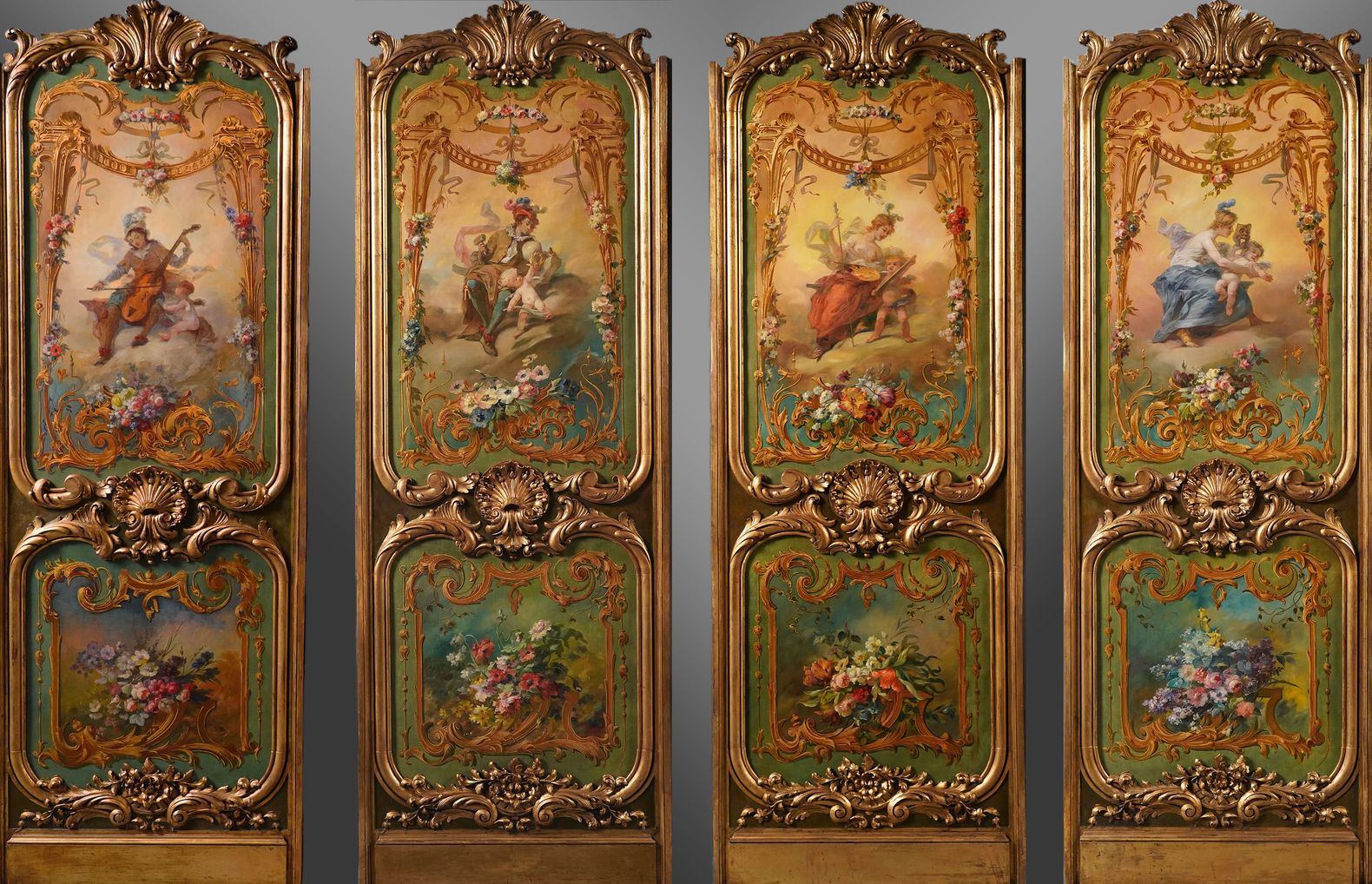 Rare Ensemble de Quatre Peintures « allegories aux Arts »