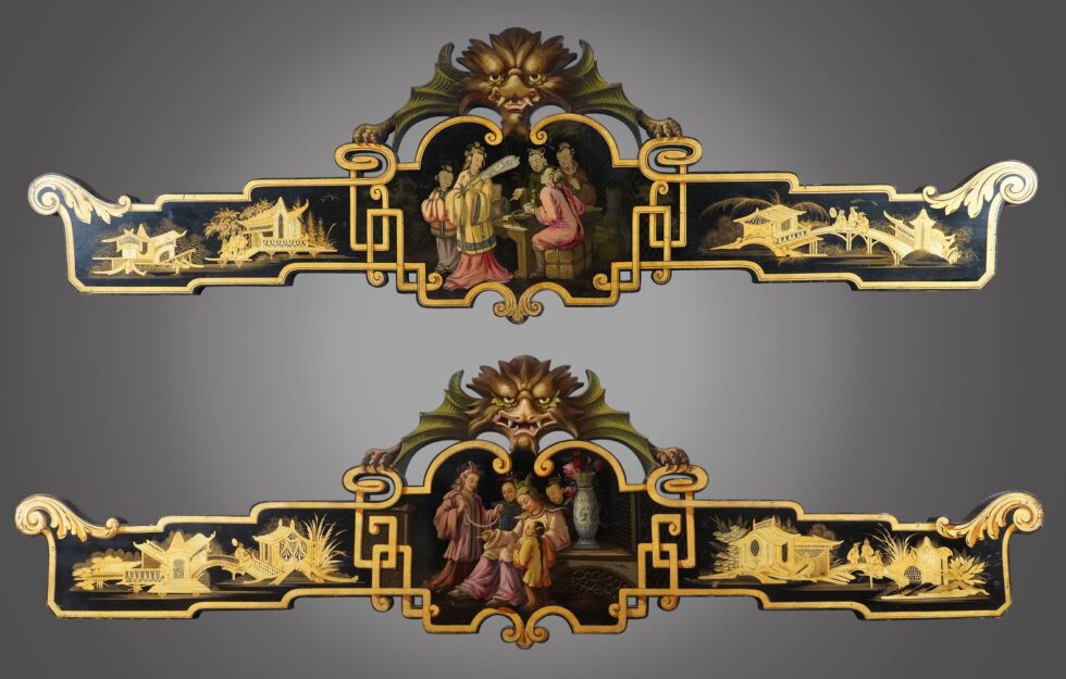 Pair of “Chinoiserie” Pelmets and their Four Tieback Holders