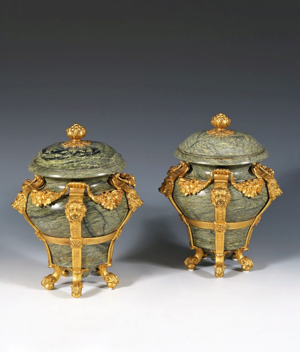 H. Dasson <br/> Pair of covered Vases “with Lions”