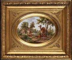 deers in a landscape painting on porcelain
