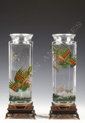 Charming pair of vases with a polychrome decoration of birds of paradise