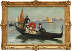 Scène de promenande familiale à Venise en gondole.
