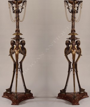 Paire de lampes néo-Grecques bronze Cahieux Barbedienne Tobogan Antiques Paris antiquités XIXe siècle